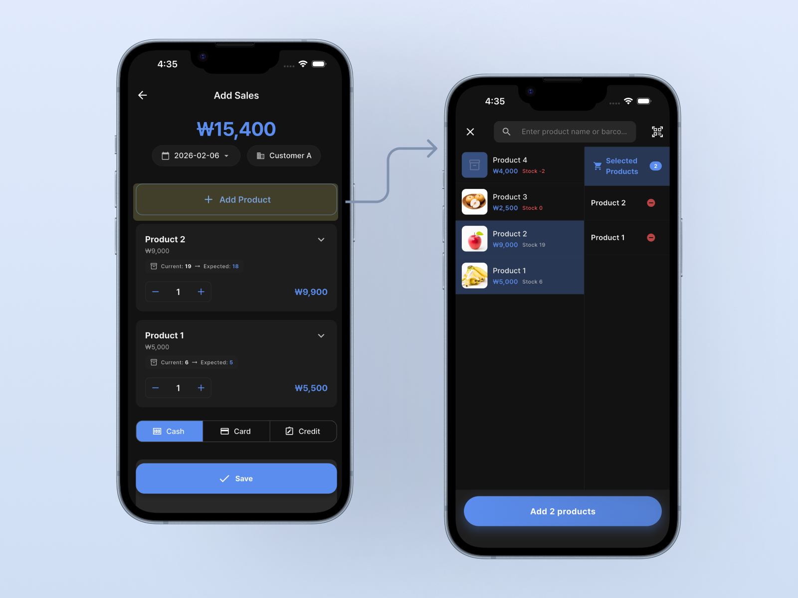 Sell - Select product and register transaction