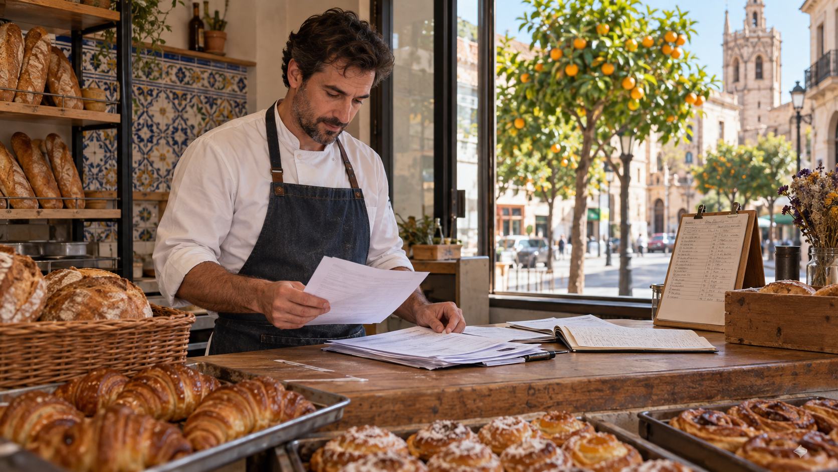 Un panadero valenciano revisa albaranes y facturas pendientes
