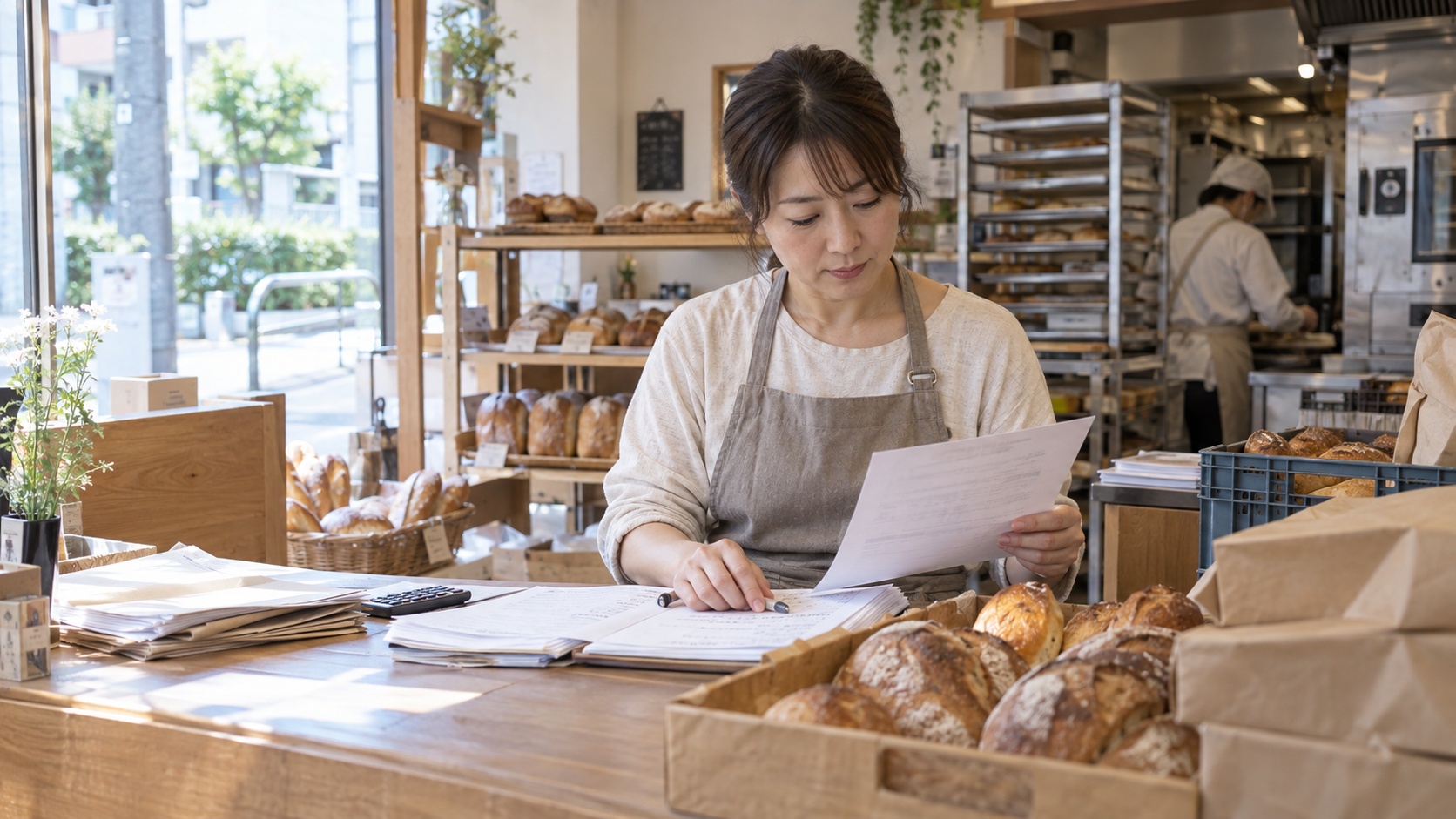 納品書と帳簿を確認する日本のベーカリー経営者
