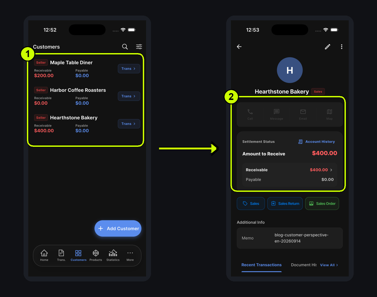 Move from the customer list to Hearthstone Bakery's settlement status