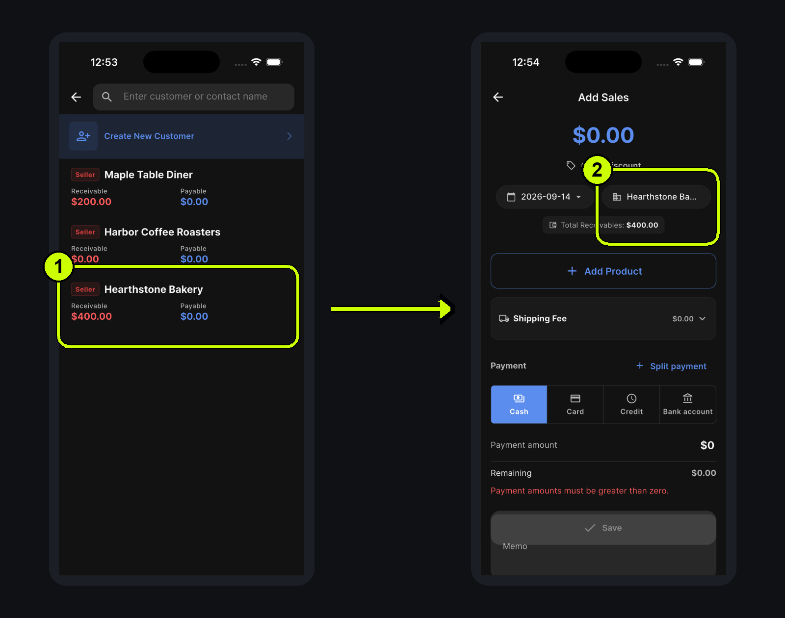 Choose Hearthstone Bakery for a sale and see its current receivable on the sale form