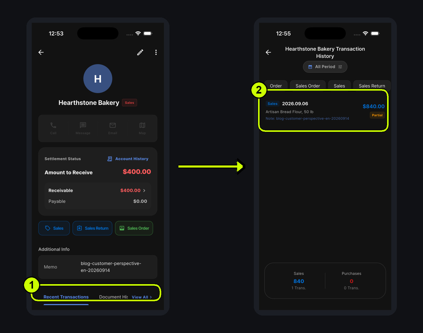 Review Hearthstone Bakery's transaction history with its sale amount and partial payment status