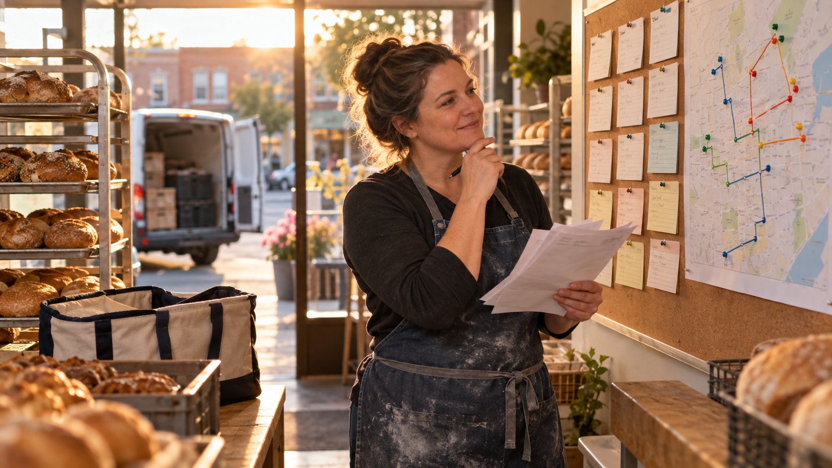 A U.S. bakery owner reviewing individual customer delivery routes and invoices
