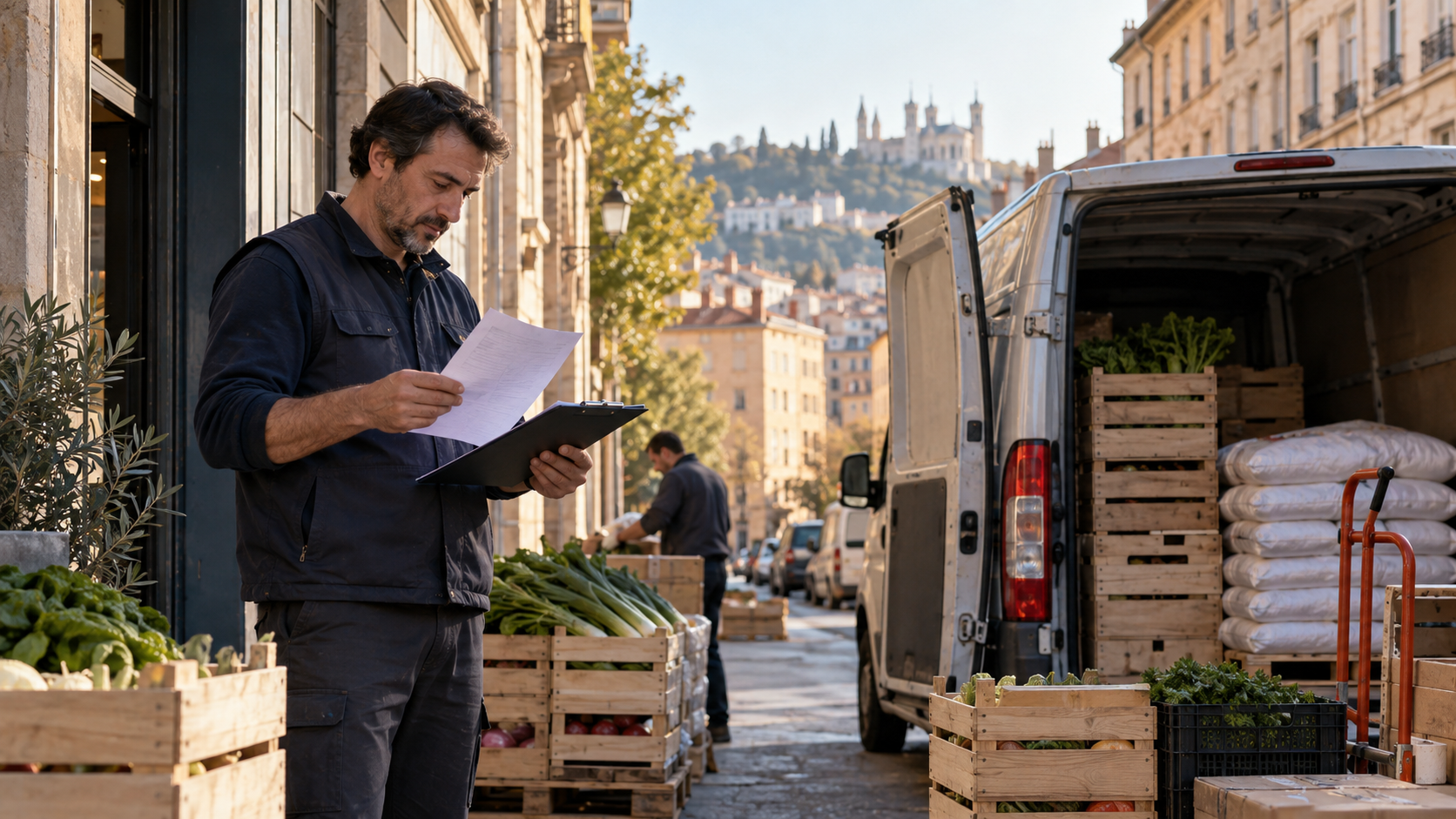 Un grossiste alimentaire français examine les factures avant une tournée de livraison