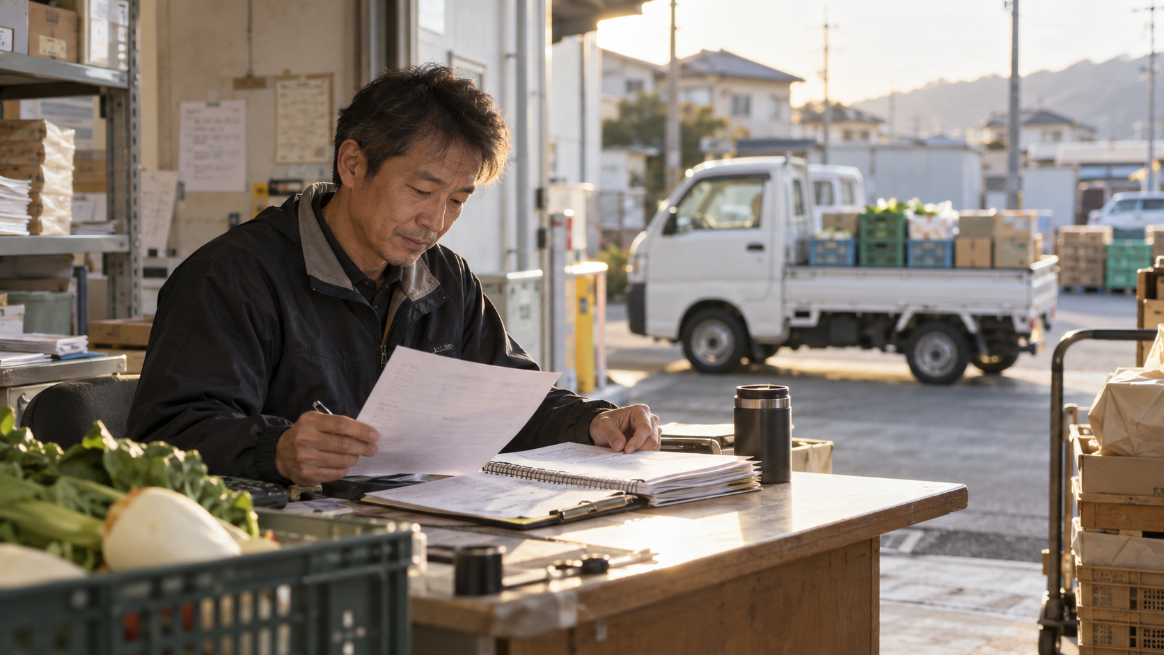 納品前に請求書と注文帳を確認する日本の食材卸経営者