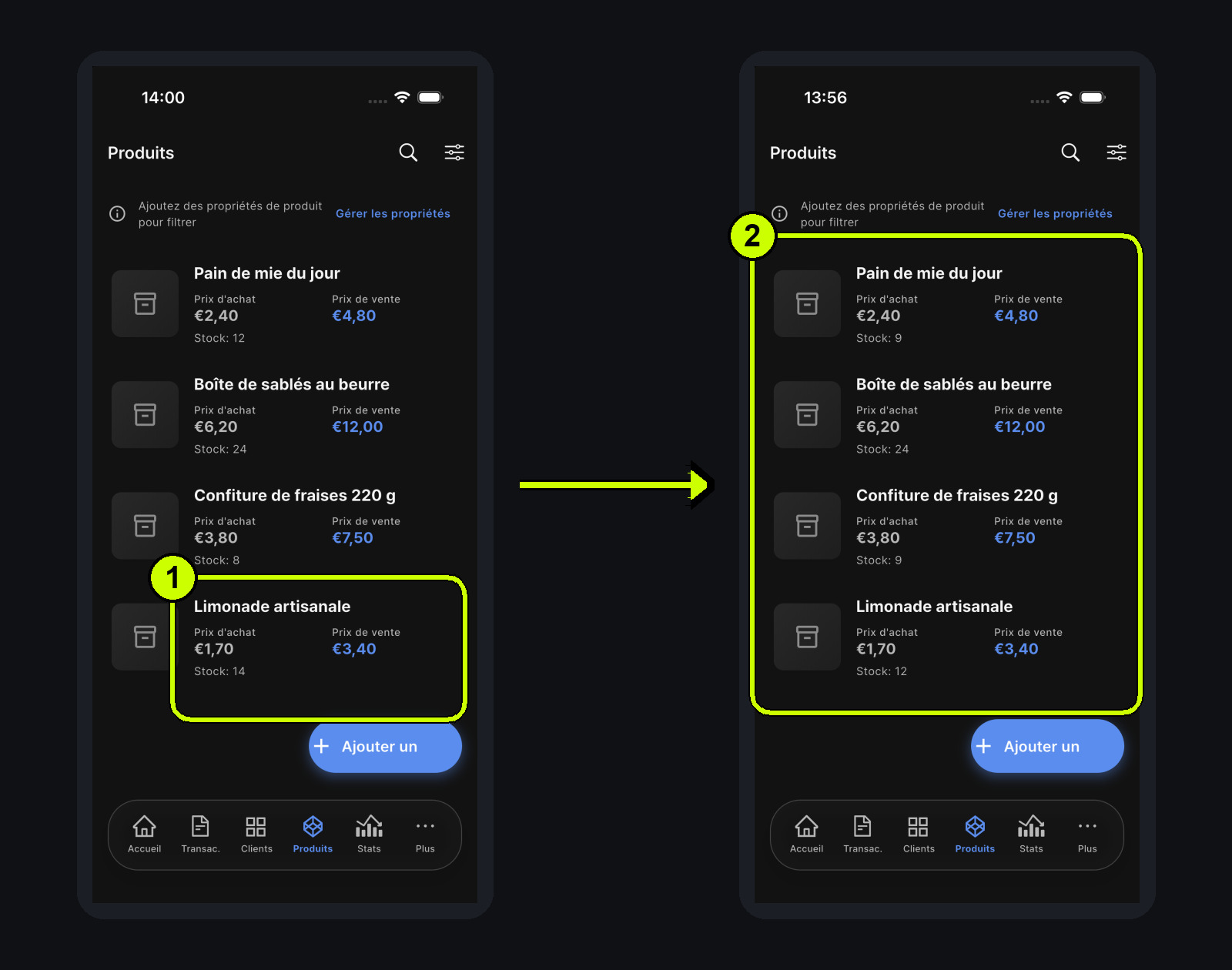 Comparaison des quantités après un retour client, un retour fournisseur et le retrait d’invendus