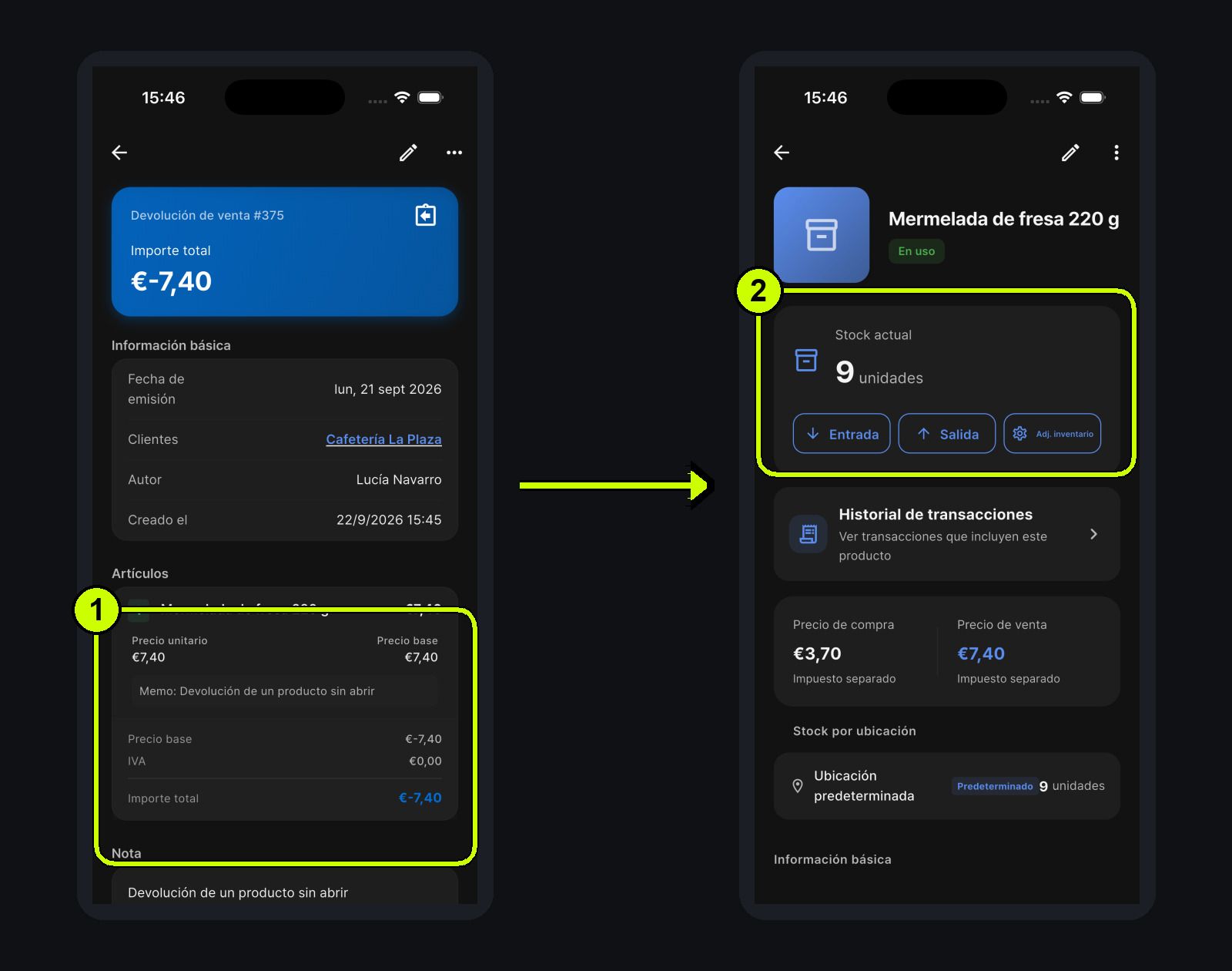 Registro de un tarro devuelto por un cliente y comprobación del aumento de inventario