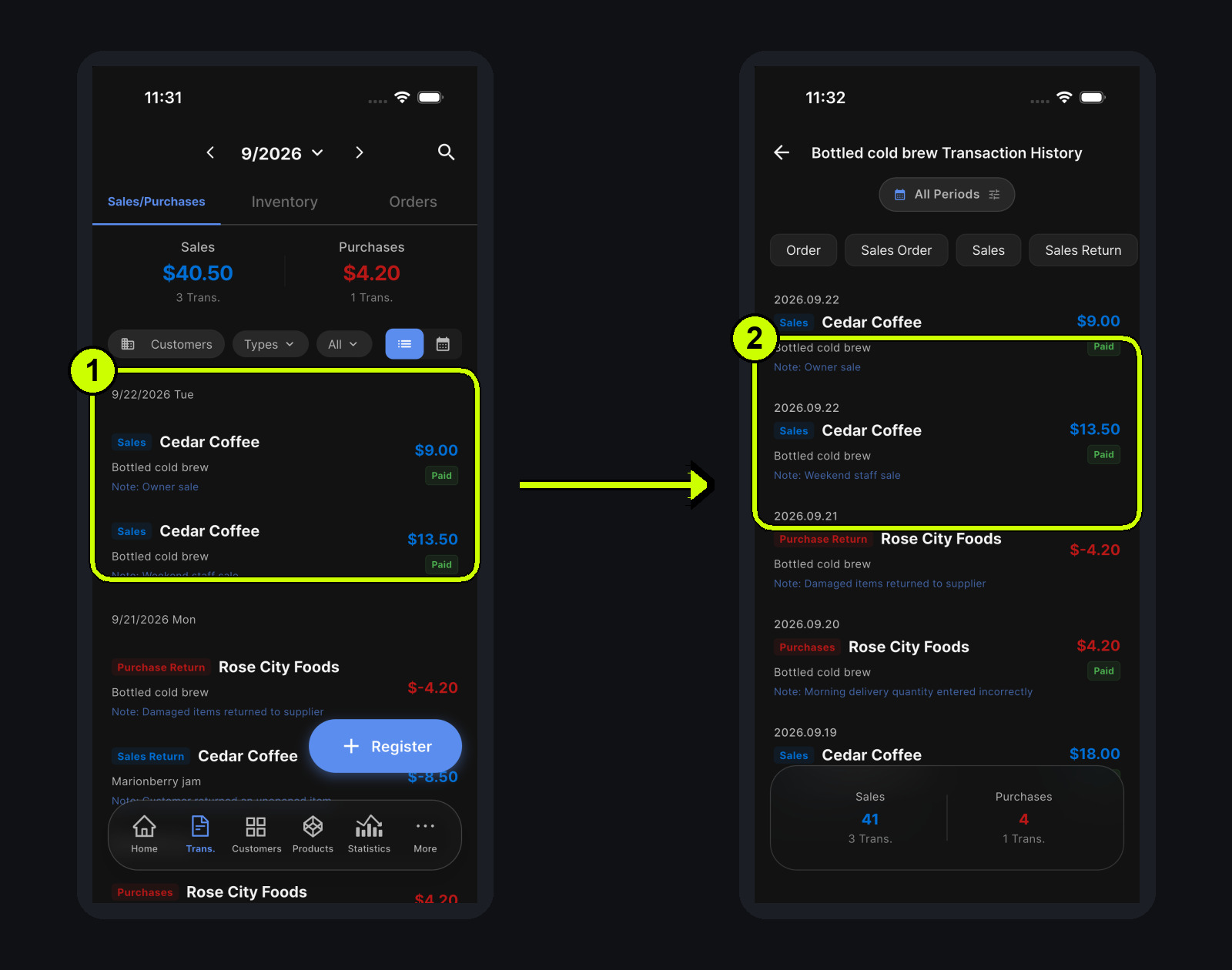 Owner and weekend staff sales appearing in time order in the same product history