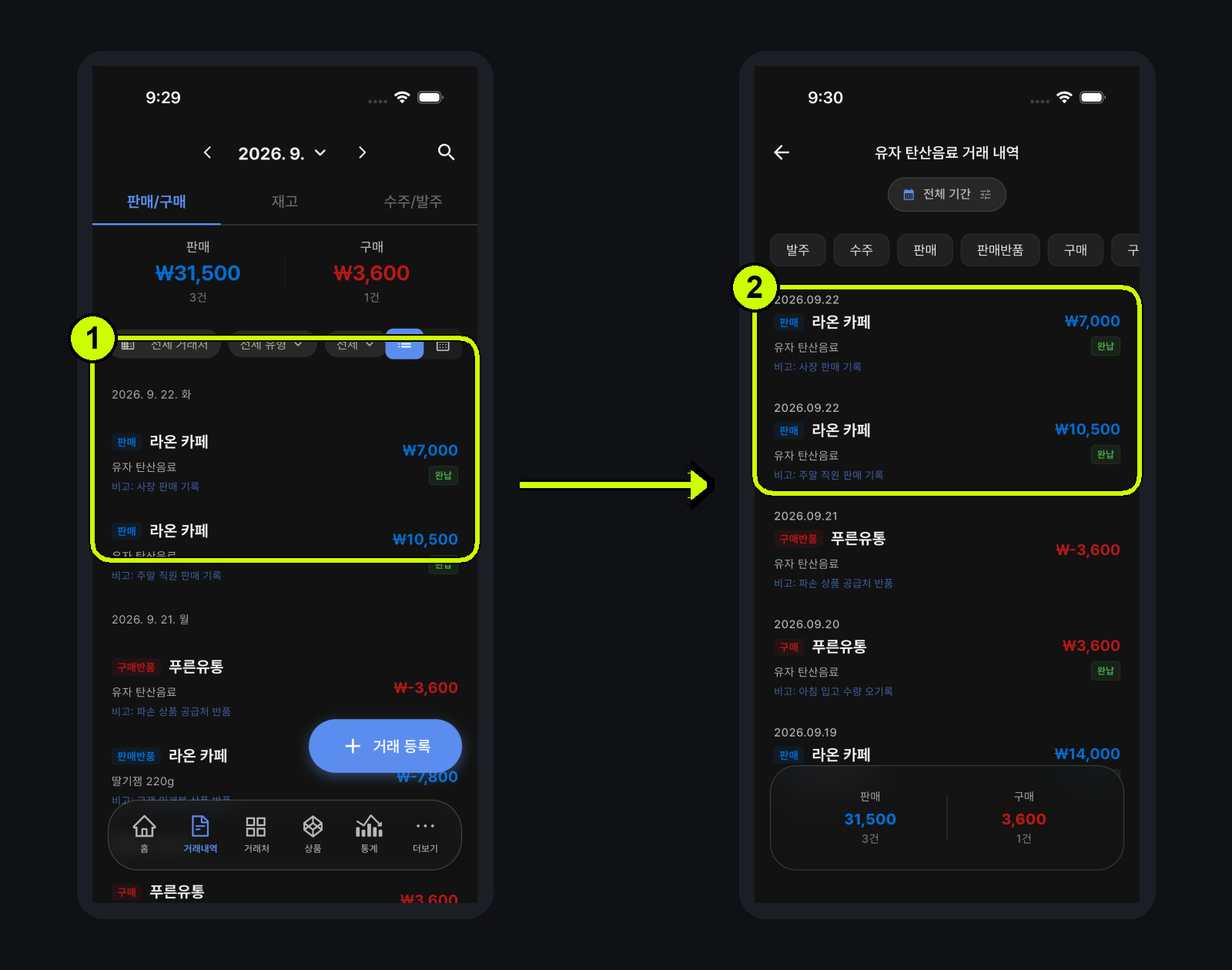 직원 판매와 사장 판매가 같은 상품 이력에 시간순으로 쌓이는 과정