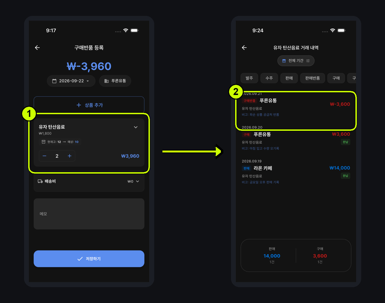 파손된 탄산음료 2개를 매입 반품으로 등록하고 재고가 감소하는 과정