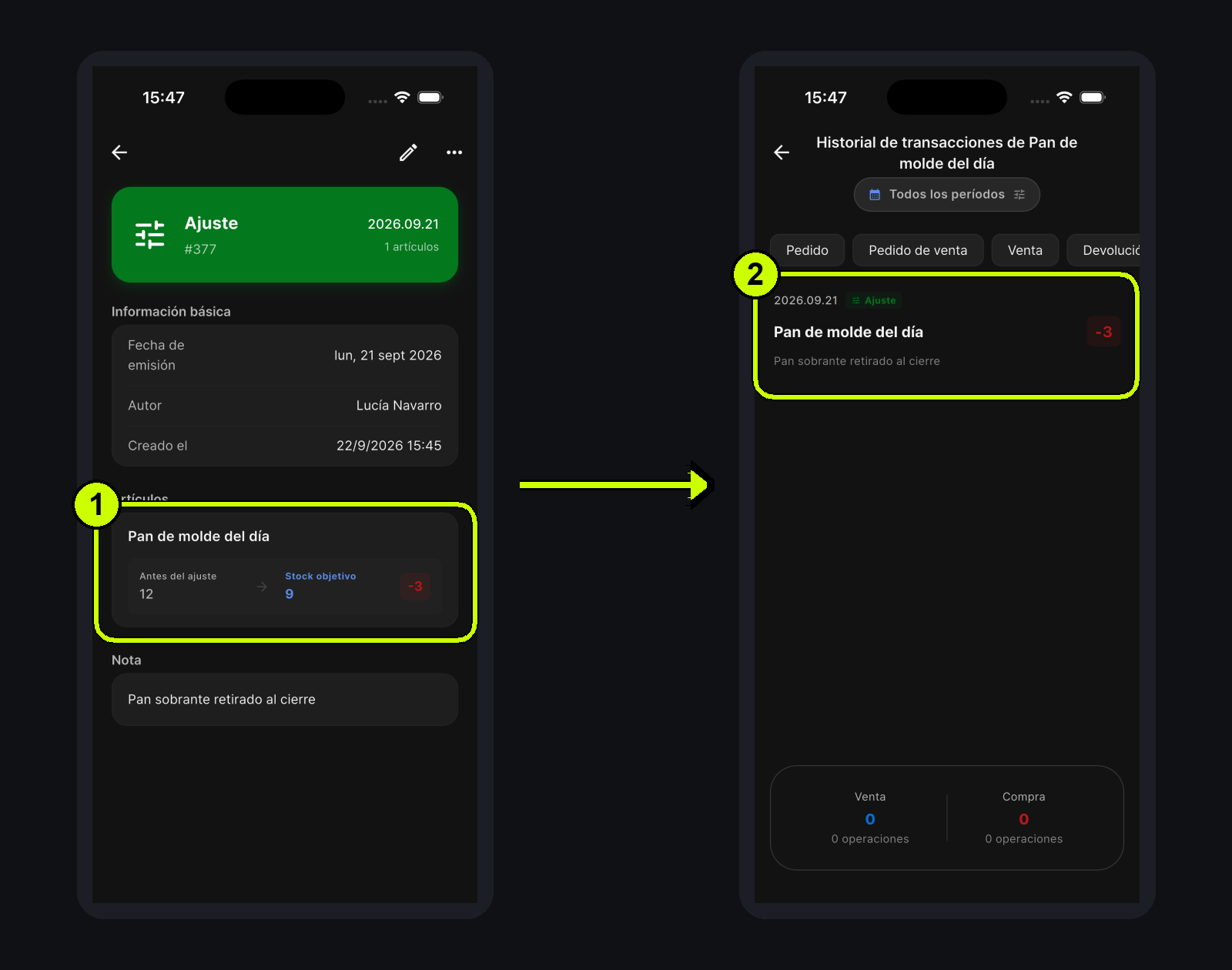 Ajuste del pan sobrante con cantidad objetivo y motivo registrado