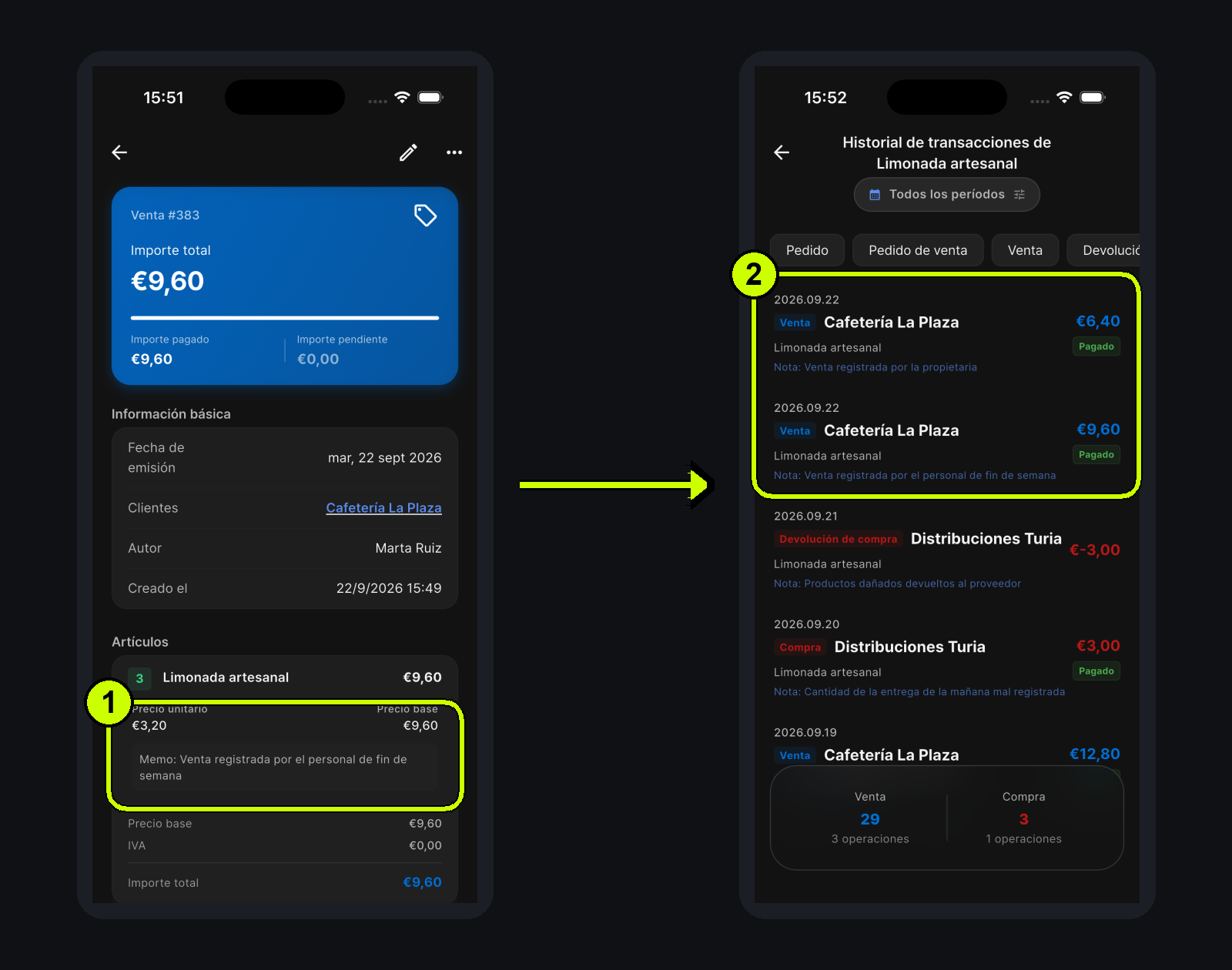 Nota breve de una venta y su registro en el historial de la aplicación