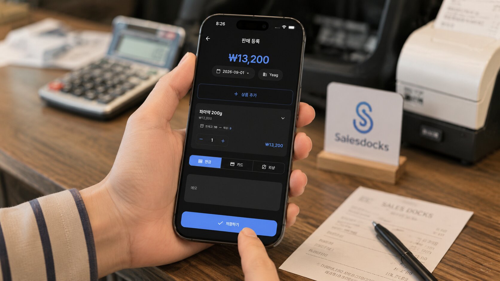 SalesDocks 매출 등록 화면에서 저장하기 버튼을 누르는 장면