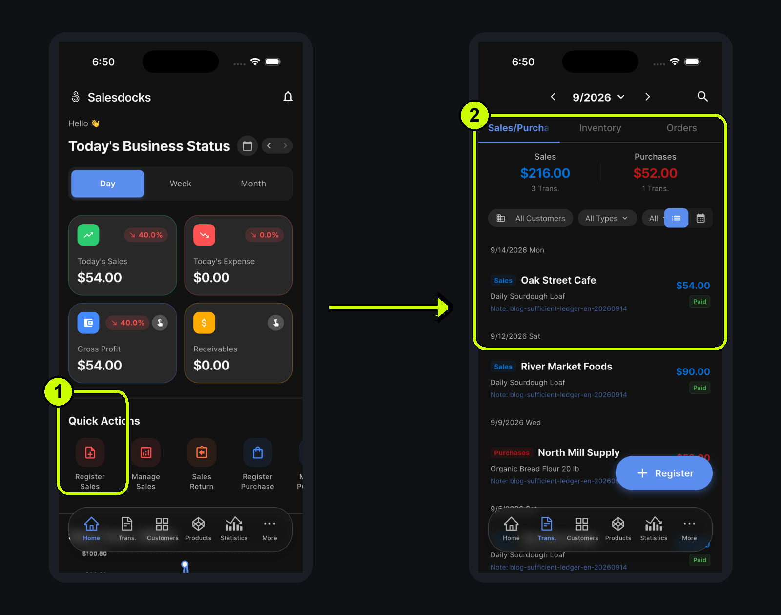 Register Sales from Home, then review sales and purchases in one dated transaction flow