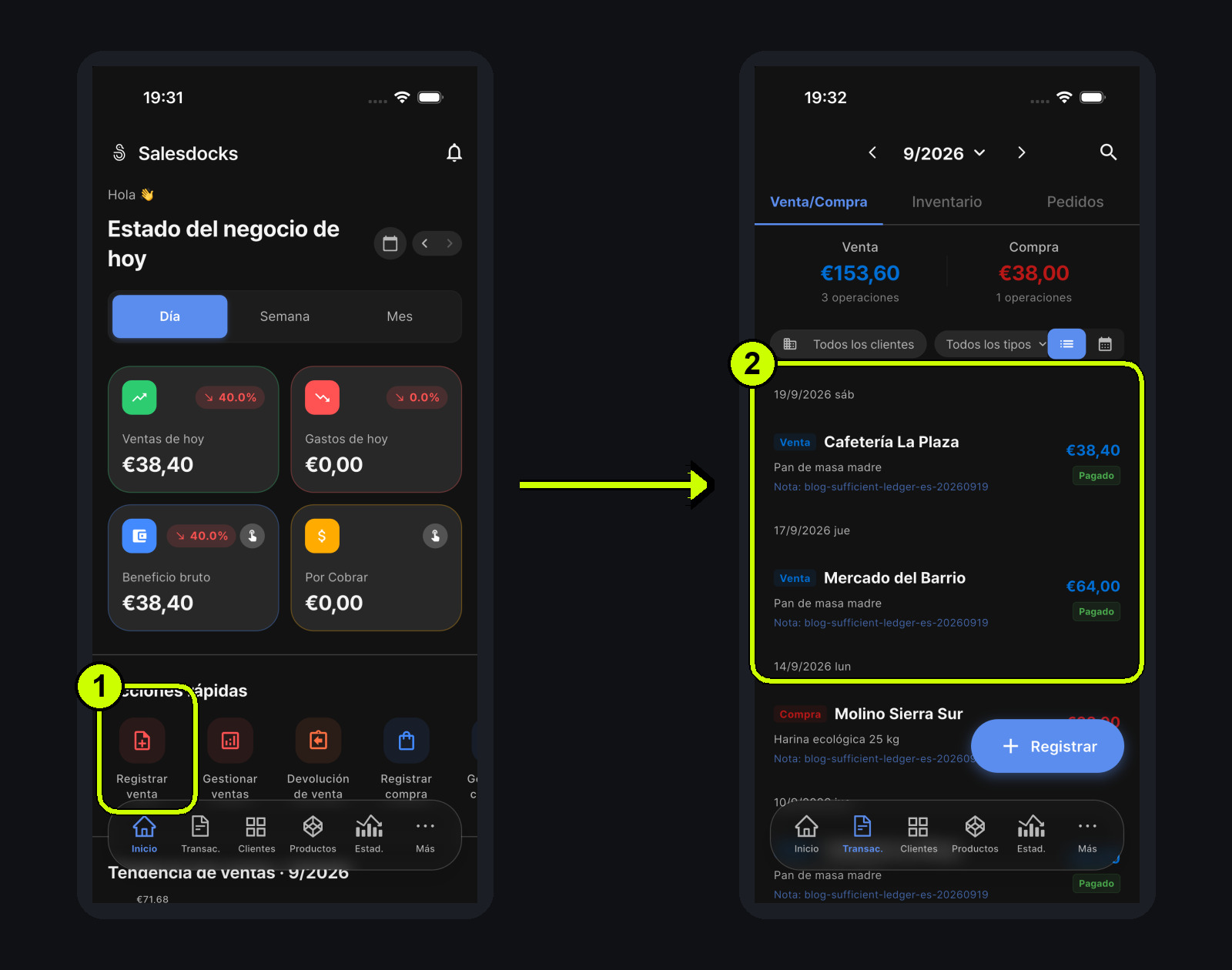 De la pantalla de inicio en español al historial cronológico de ventas y compras de Panadería del Olivo