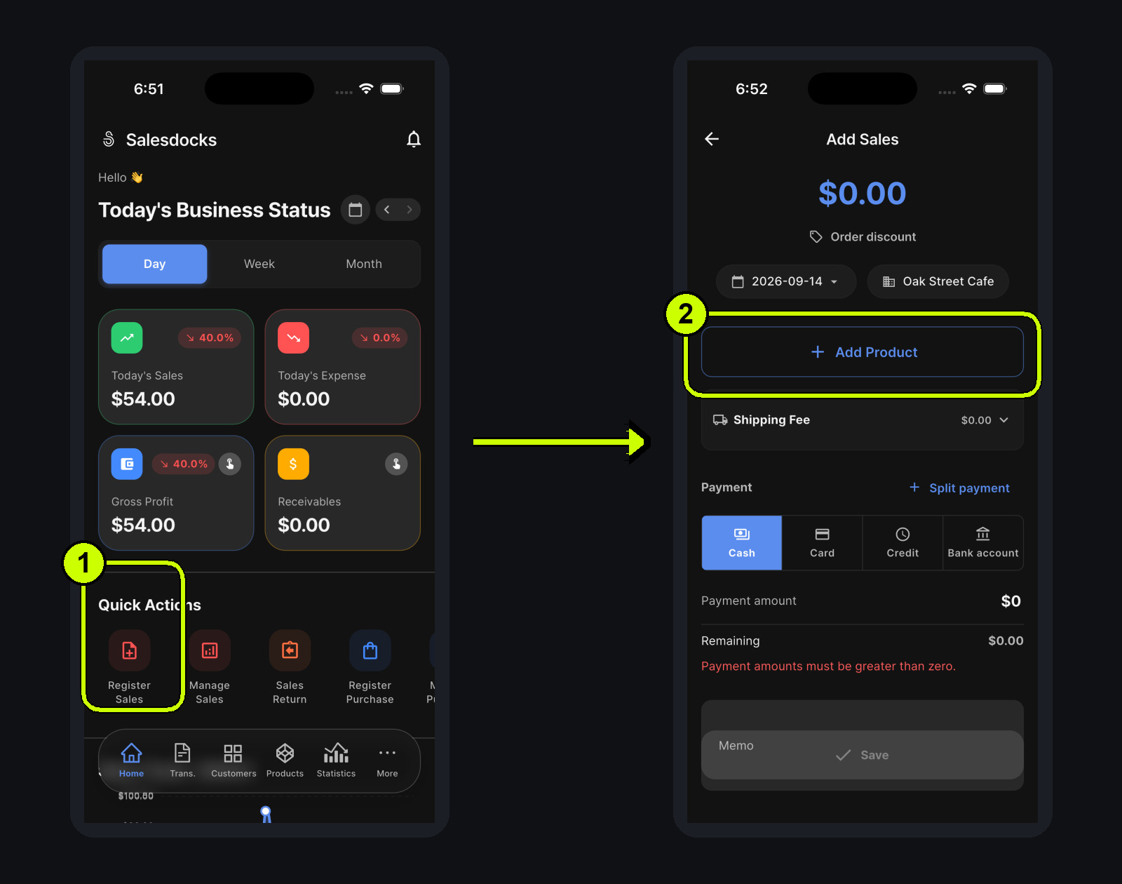 The Register Sales quick action leading to the real Add Sales screen with a selected customer
