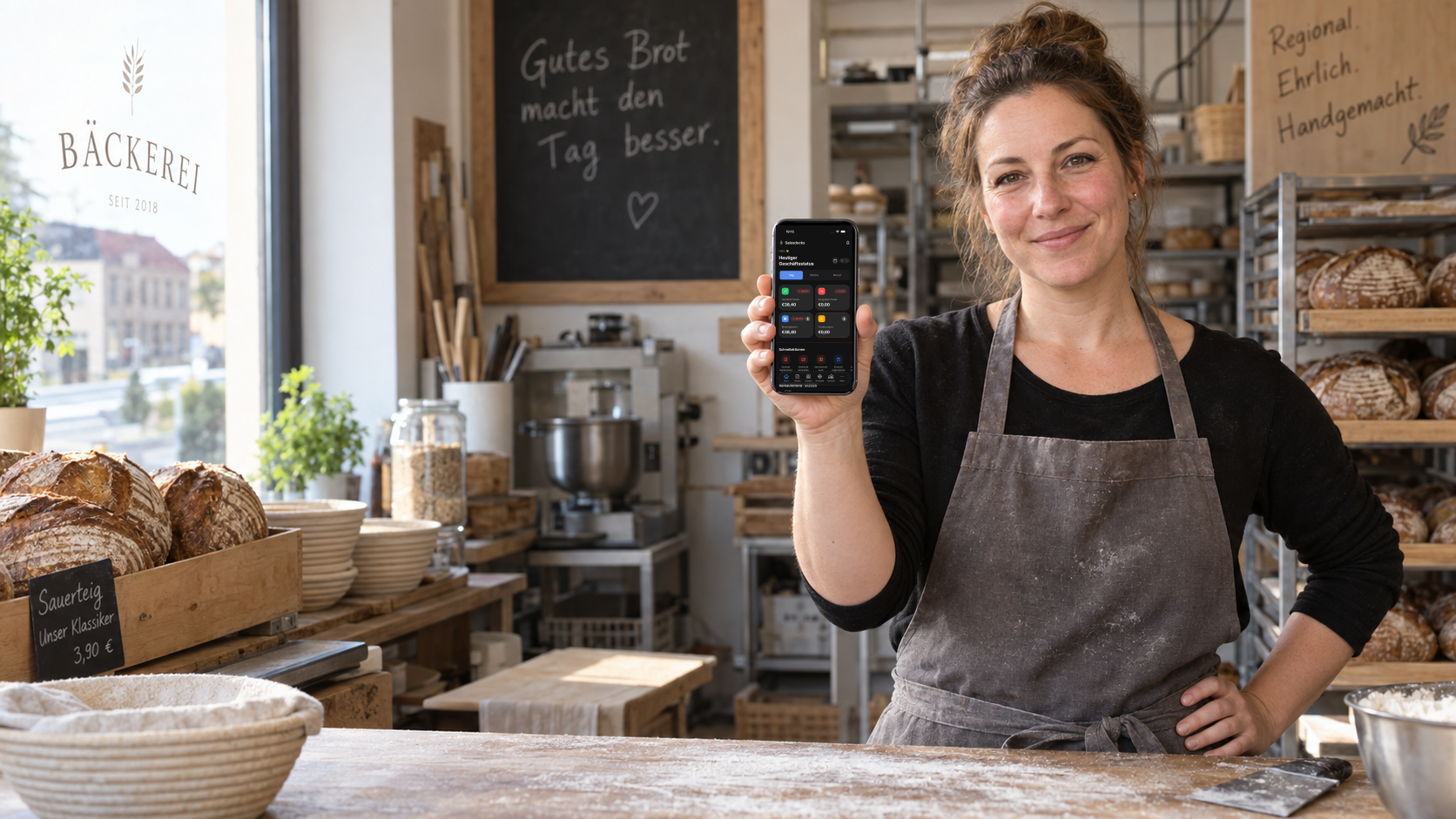 Inhaberin einer deutschen Bäckerei prüft vor der Öffnung die deutsche Salesdocks-Startseite