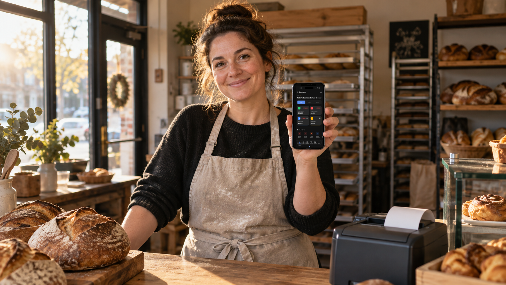 An independent bakery owner checking the real English Salesdocks Home screen before opening