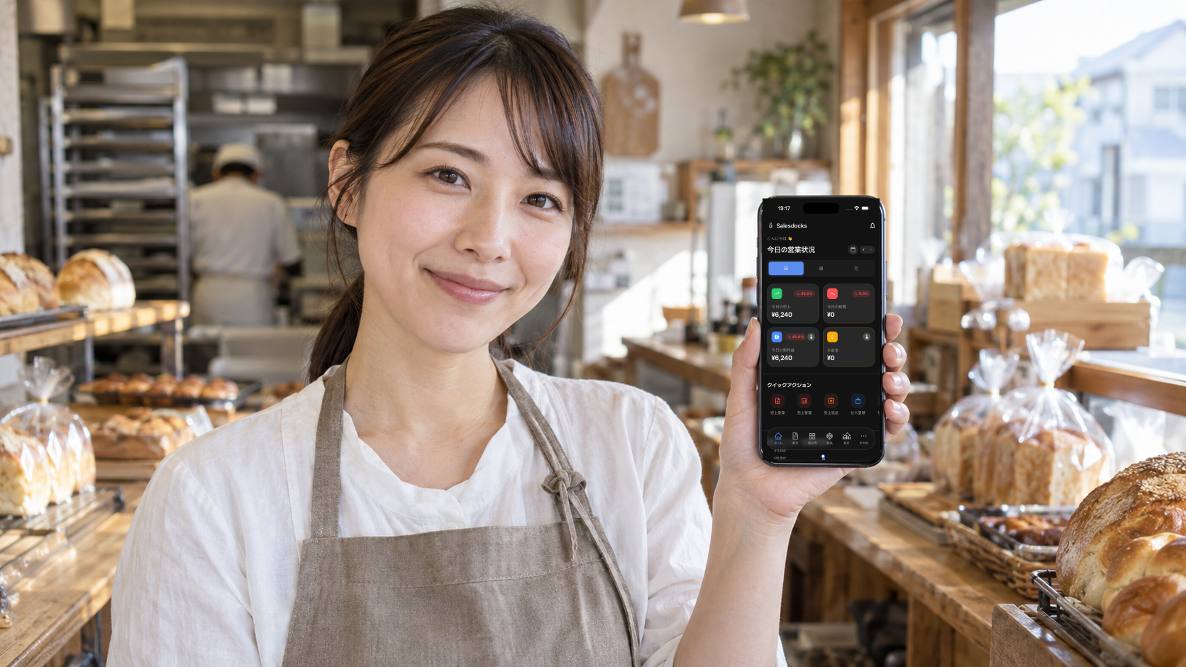 開店前に日本語版Salesdocksのホーム画面を確認する町のベーカリー店主