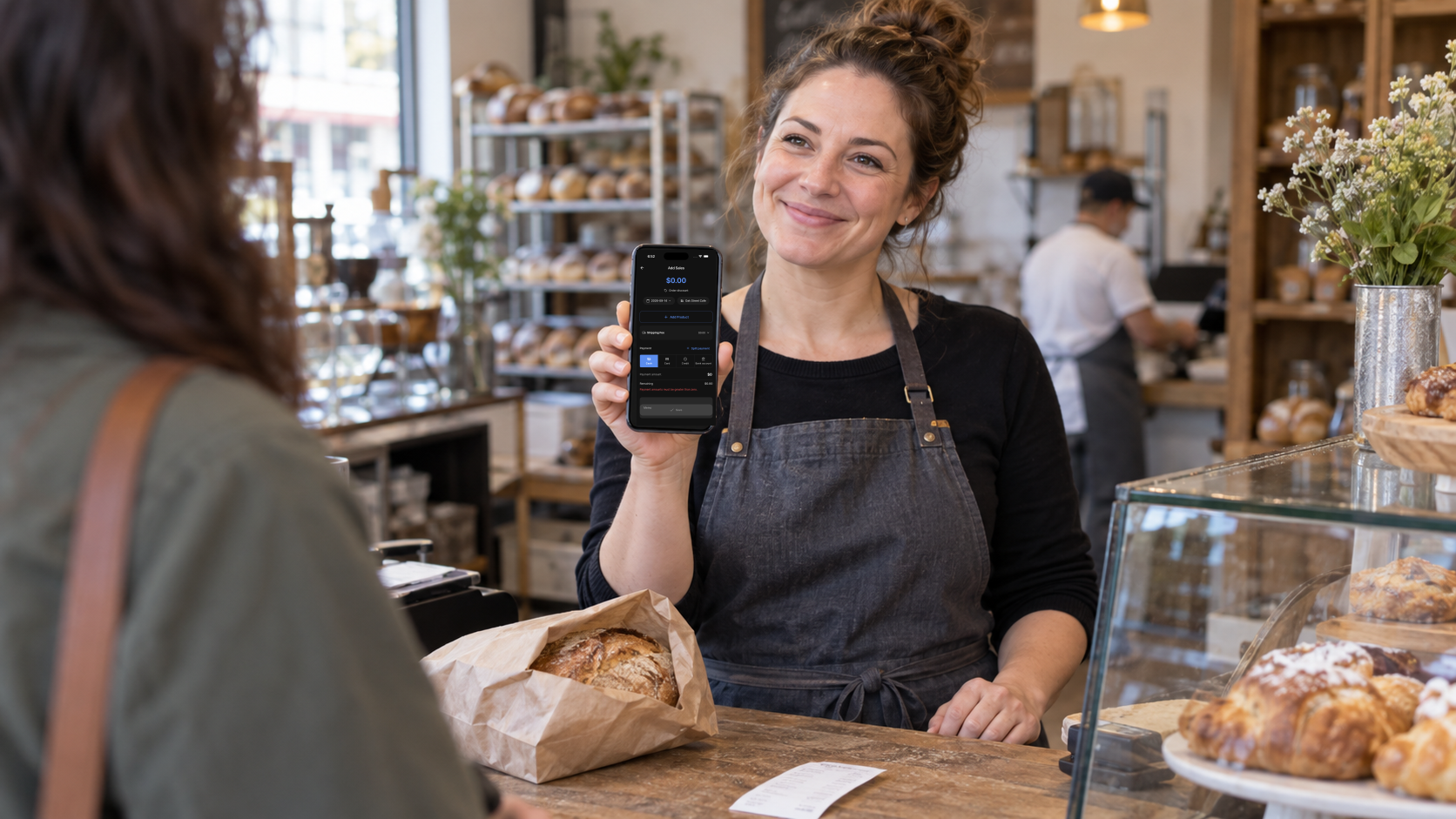 An independent bakery owner recording one sale on the real English Salesdocks Add Sales screen