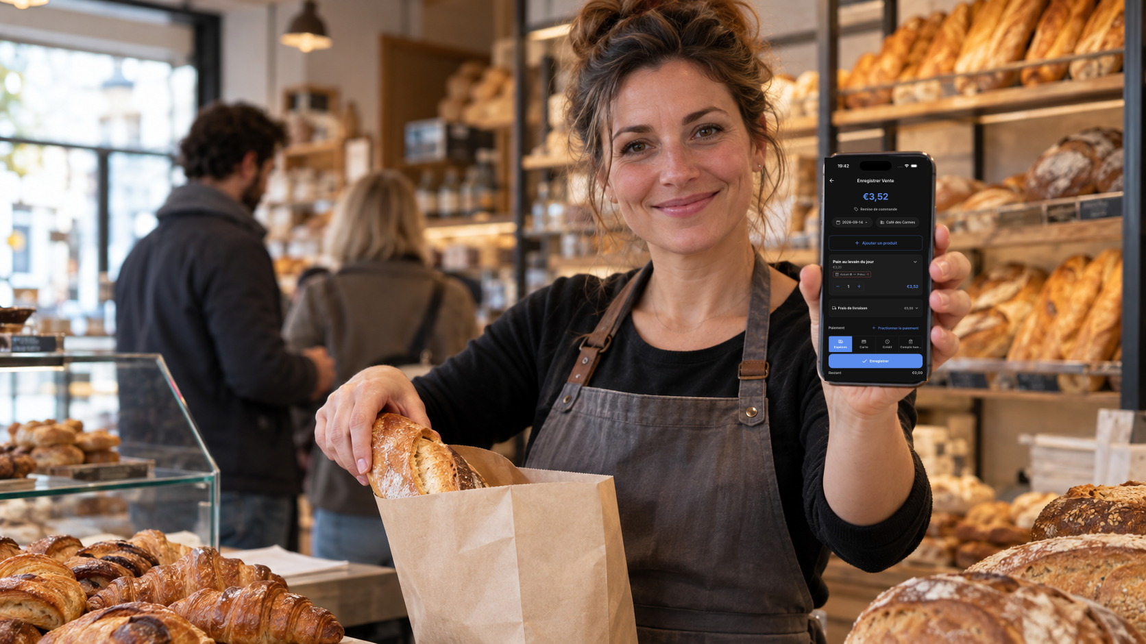 Boulangère enregistrant une vente dans Salesdocks en français pendant le service