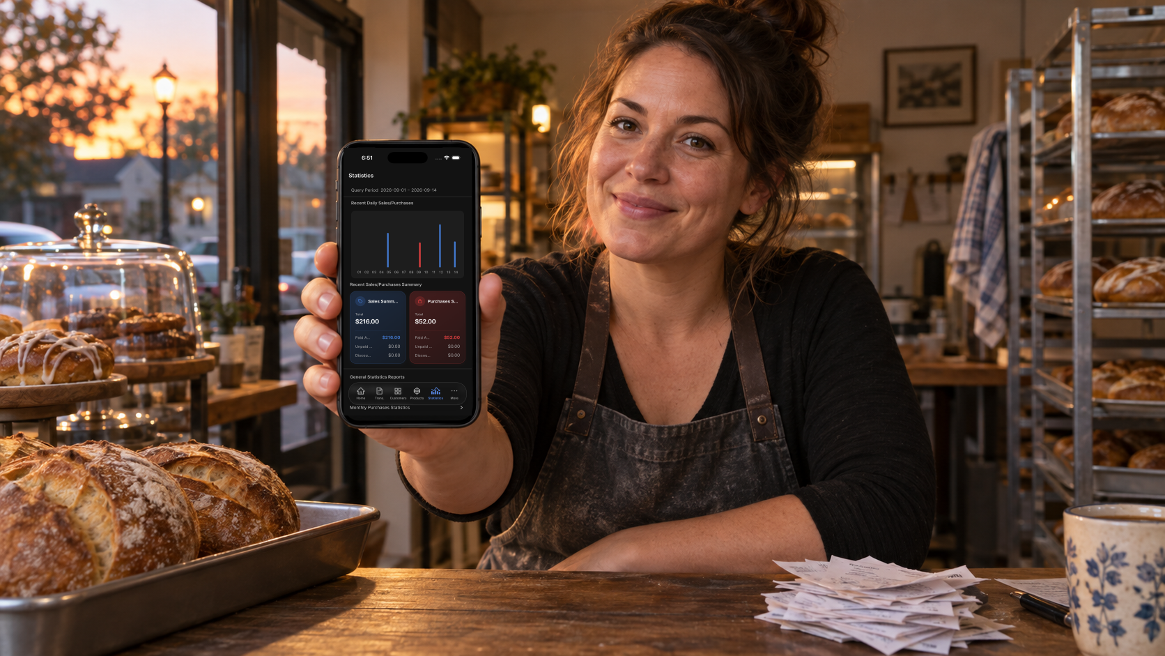 An independent bakery owner checking the real English Salesdocks statistics screen before closing