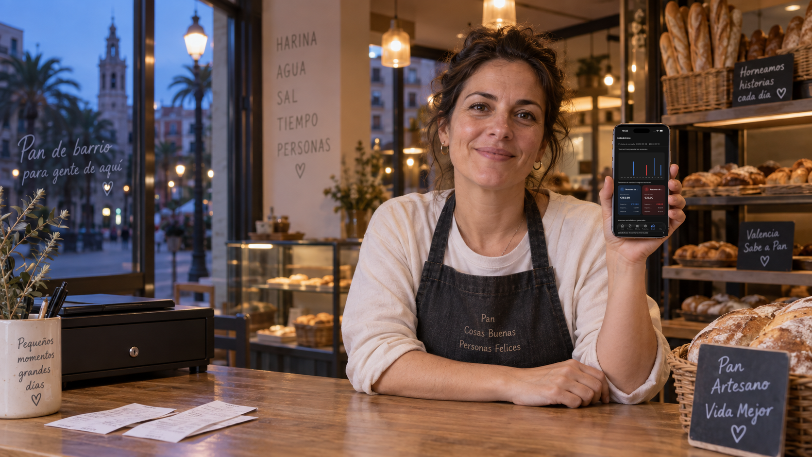 Propietaria de una panadería de Valencia revisa las estadísticas de Salesdocks antes de cerrar