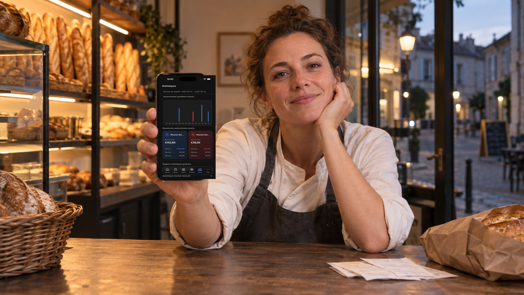 Boulangère consultant les statistiques Salesdocks en français avant la fermeture