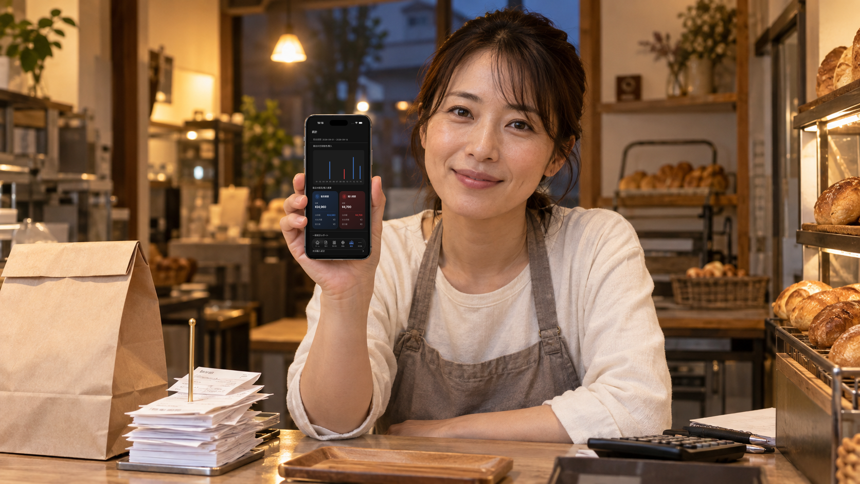 閉店前に日本語版Salesdocksの統計画面を確認するベーカリー店主