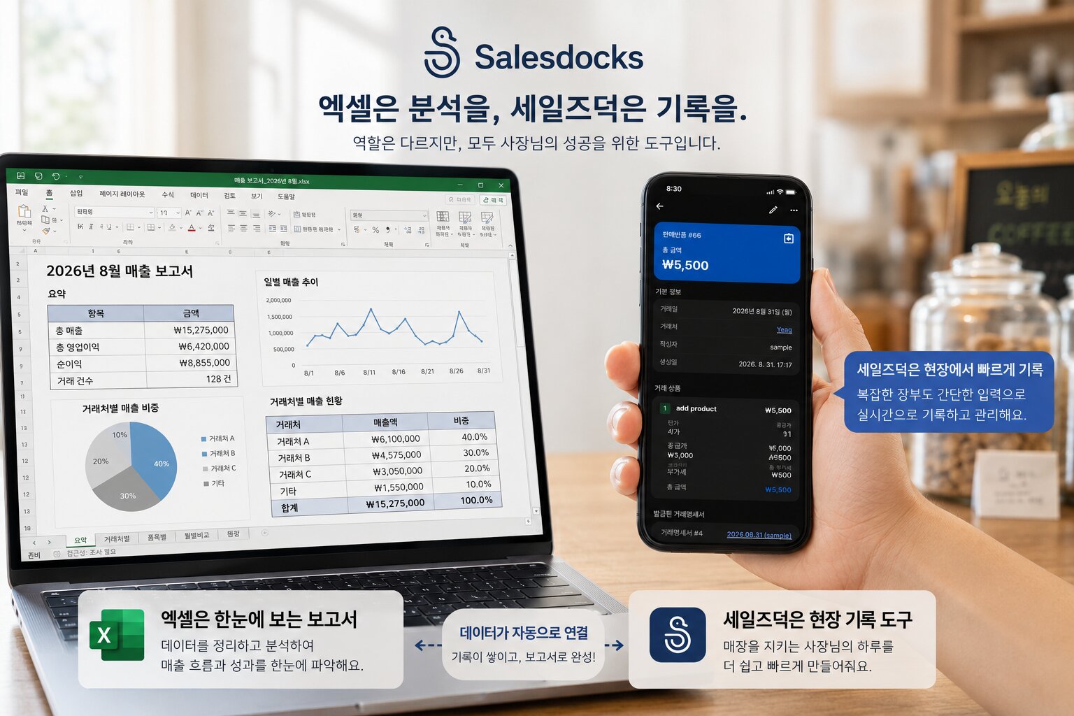 엑셀 보고서와 SalesDocks 모바일 기록 도구를 함께 보여주는 장면