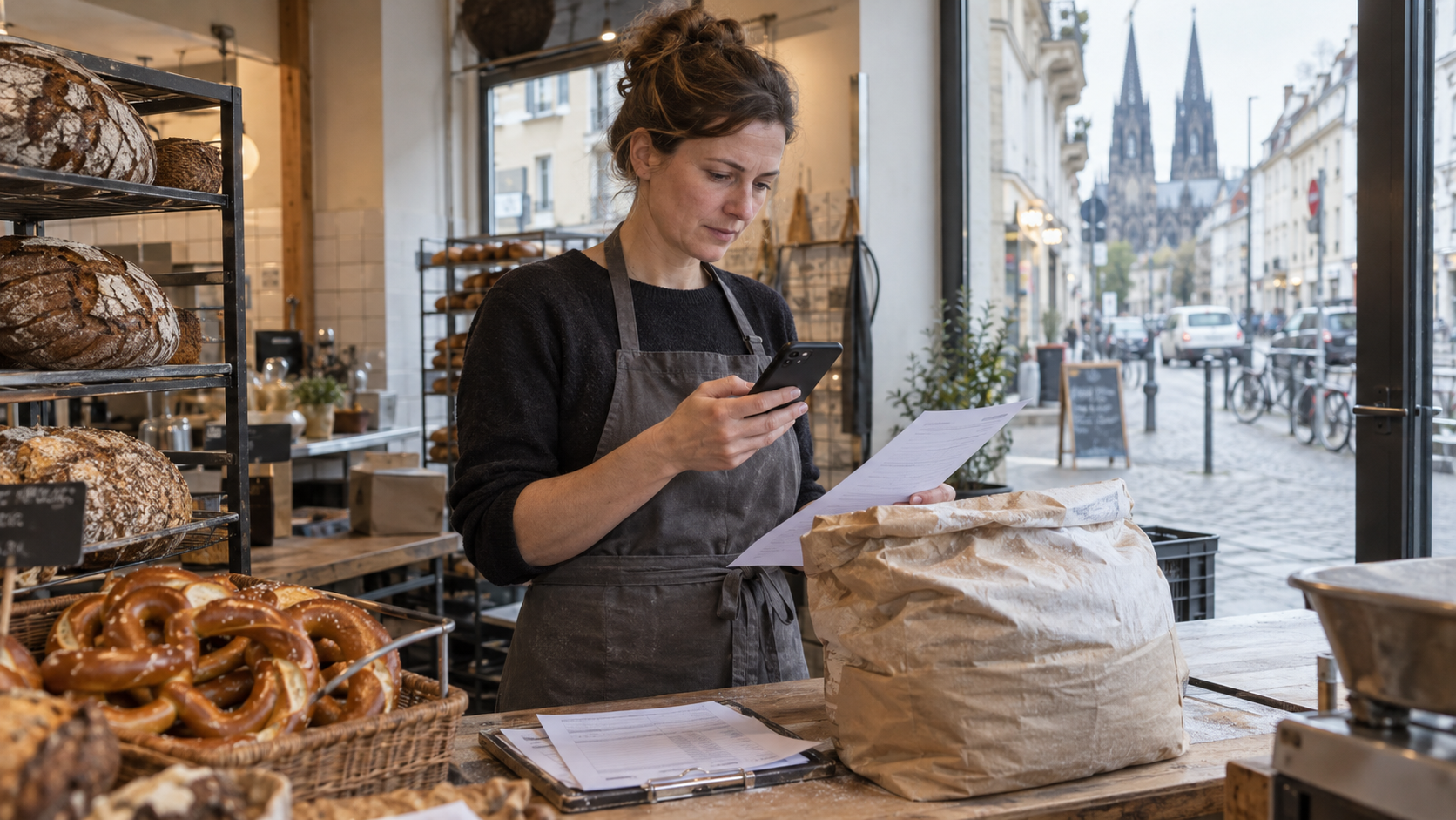 Eine deutsche Bäckereibesitzerin prüft in ihrer Kölner Bäckerei Lieferschein und Zahlungseingang