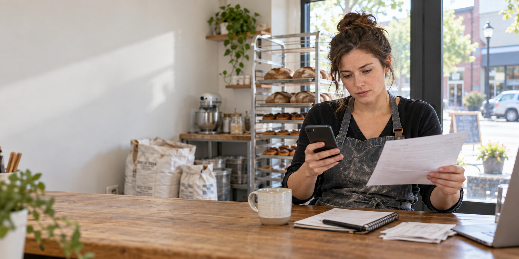 American bakery owner comparing a delivery invoice with a bank transfer notification