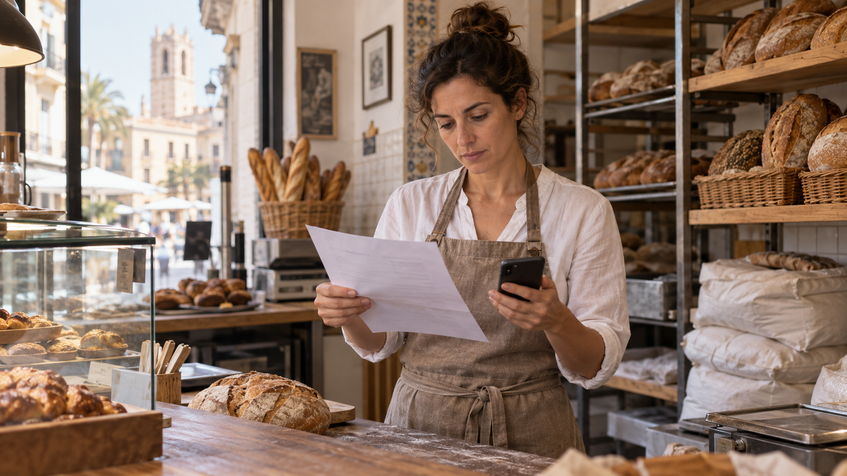 Una panadera española revisa una factura de entrega y una transferencia recibida en el mostrador de una panadería de barrio