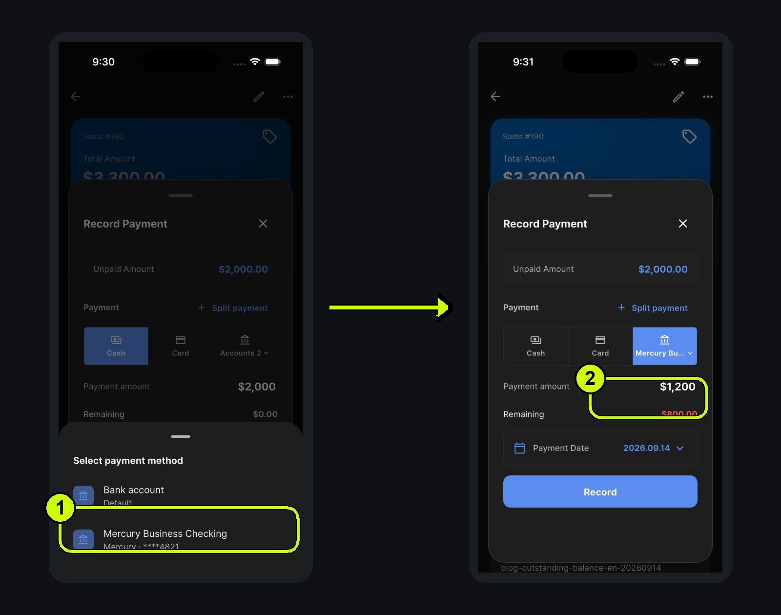 Selecting Mercury Business Checking and entering a 1200 dollar customer payment