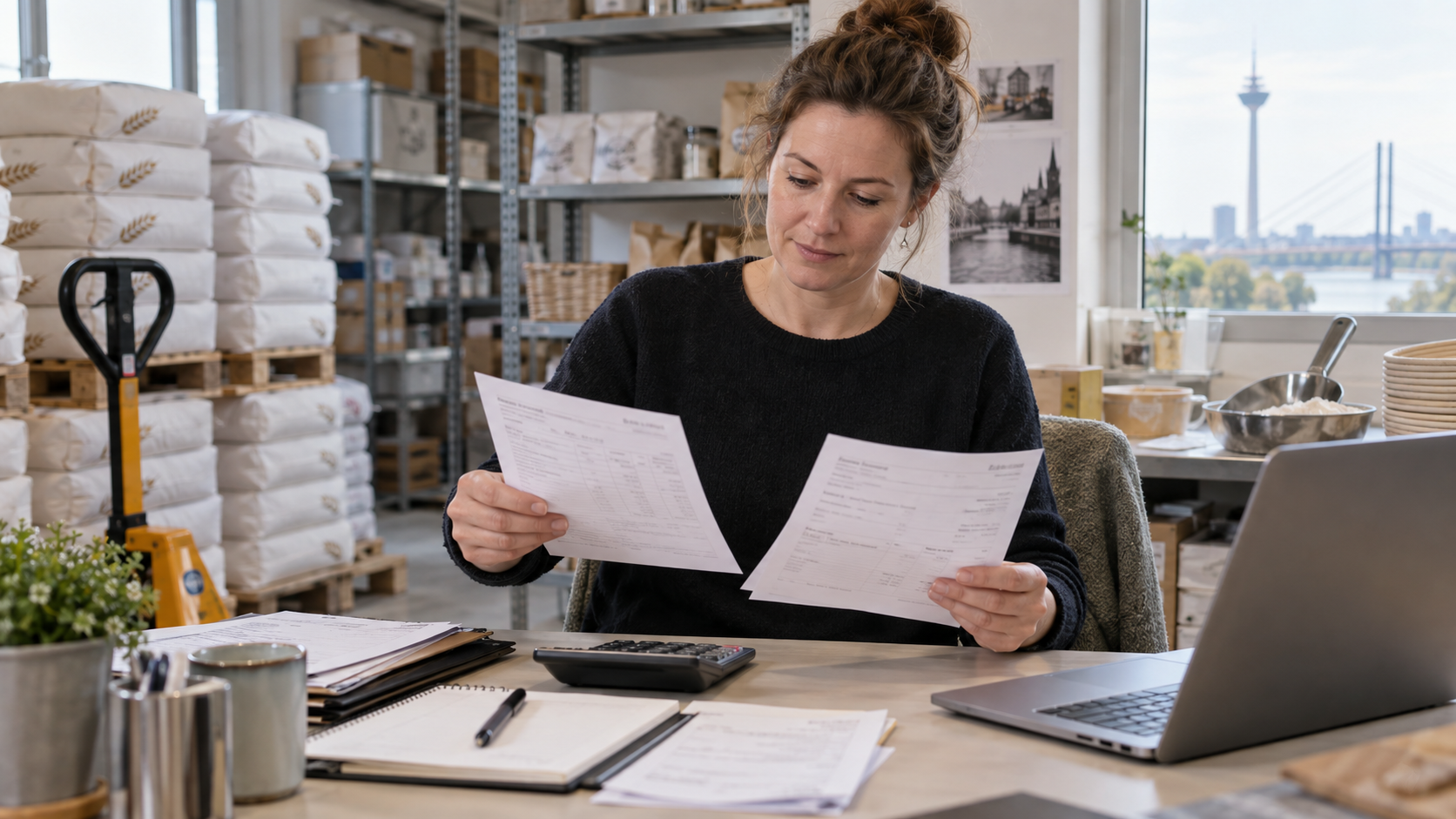Eine deutsche Inhaberin eines Backzutaten-Großhandels gleicht Lieferschein und Zahlungseingang in ihrem Büro ab