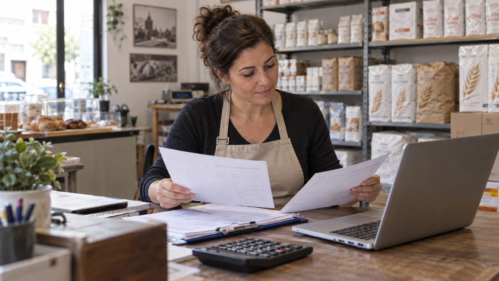 Una responsable de una pequeña panadería española revisa el registro de un pago y un albarán en una oficina de distribución