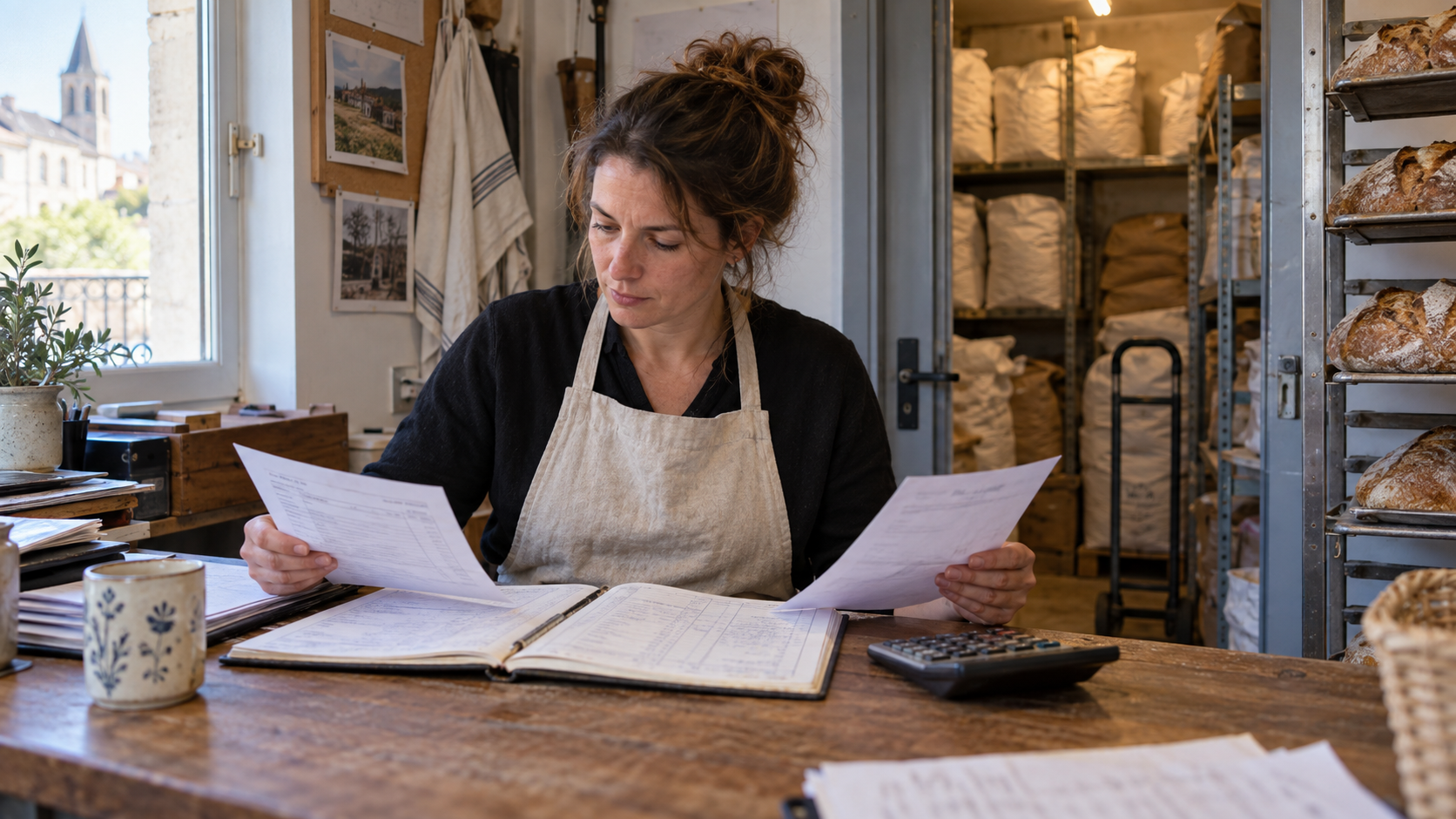 Responsable d'une boulangerie française rapprochant un bon de livraison et un virement